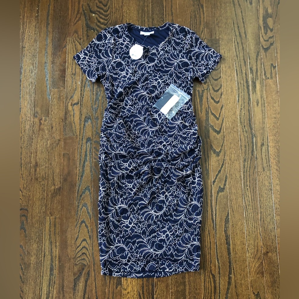 *NWT* Motherhood Maternity M Blue/Pink Floral Lace Ruched Gender Reveal Dress